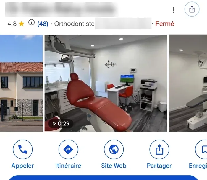 La fiche Google d’un cabinet d’orthodontie client, nom et adresse masqués&nbsp;: note 4,8 sur 48 avis. La visite 3D du cabinet est dans ses photos