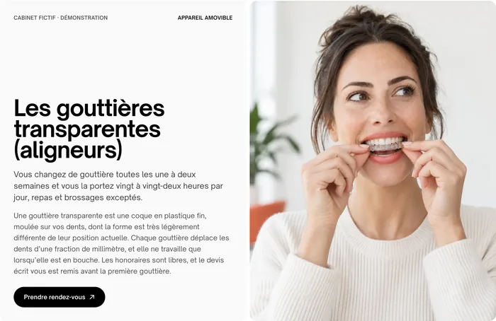 Le haut de la page «&nbsp;Les gouttières transparentes (aligneurs)&nbsp;» du modèle Roussel&nbsp;: le titre, puis une femme qui met sa gouttière en place